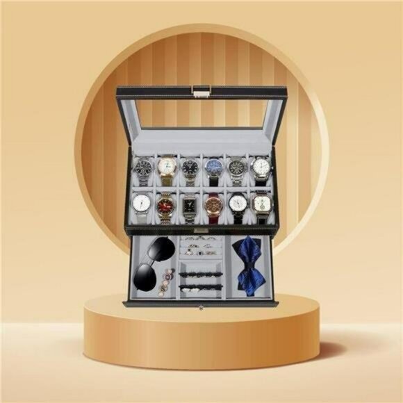 Men's Watch Box Case Organizer Large Black Leather 2 Layer 12 slot Gift for Men - Picture 5 of 5